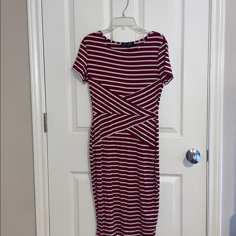 Maroon and white striped midi wear to work dress